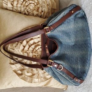 Authentic Gucci Blue Monogram Denim Shoulder Bag with Brown Leather Straps RARE!